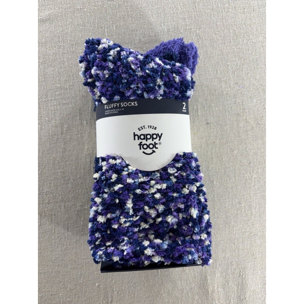 NWT Happy Foot Fluffy Socks 2-Pair Pack Women's Shoe Size 4-10 Purple Blue White